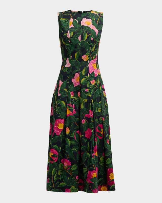 Camellias-Print Pleated Poplin Fit-&-Flare Midi Dress